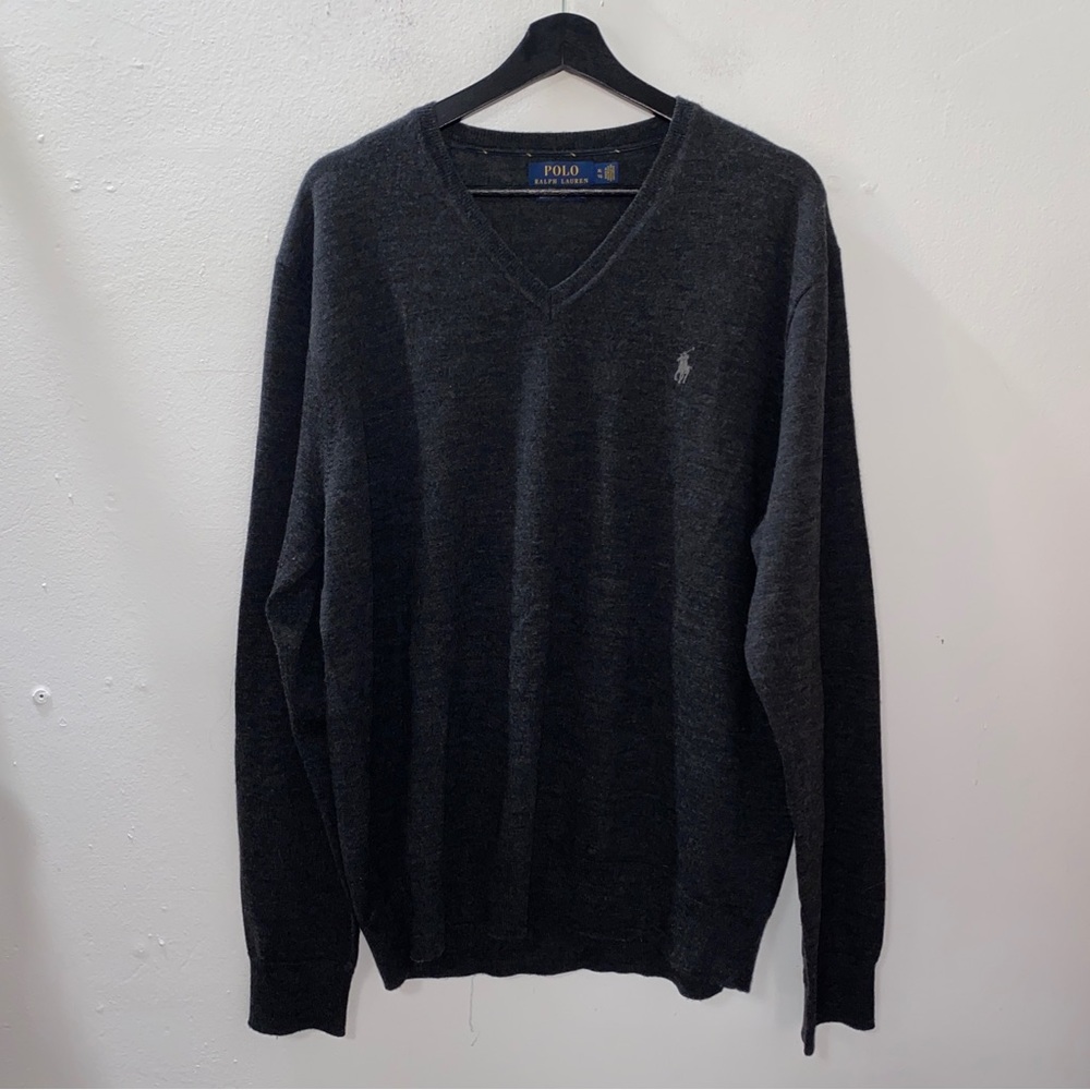 Polo Ralph Lauren Charcoal Gray V-Neck 100% Wool Sweater Men’s XL Preppy Classic